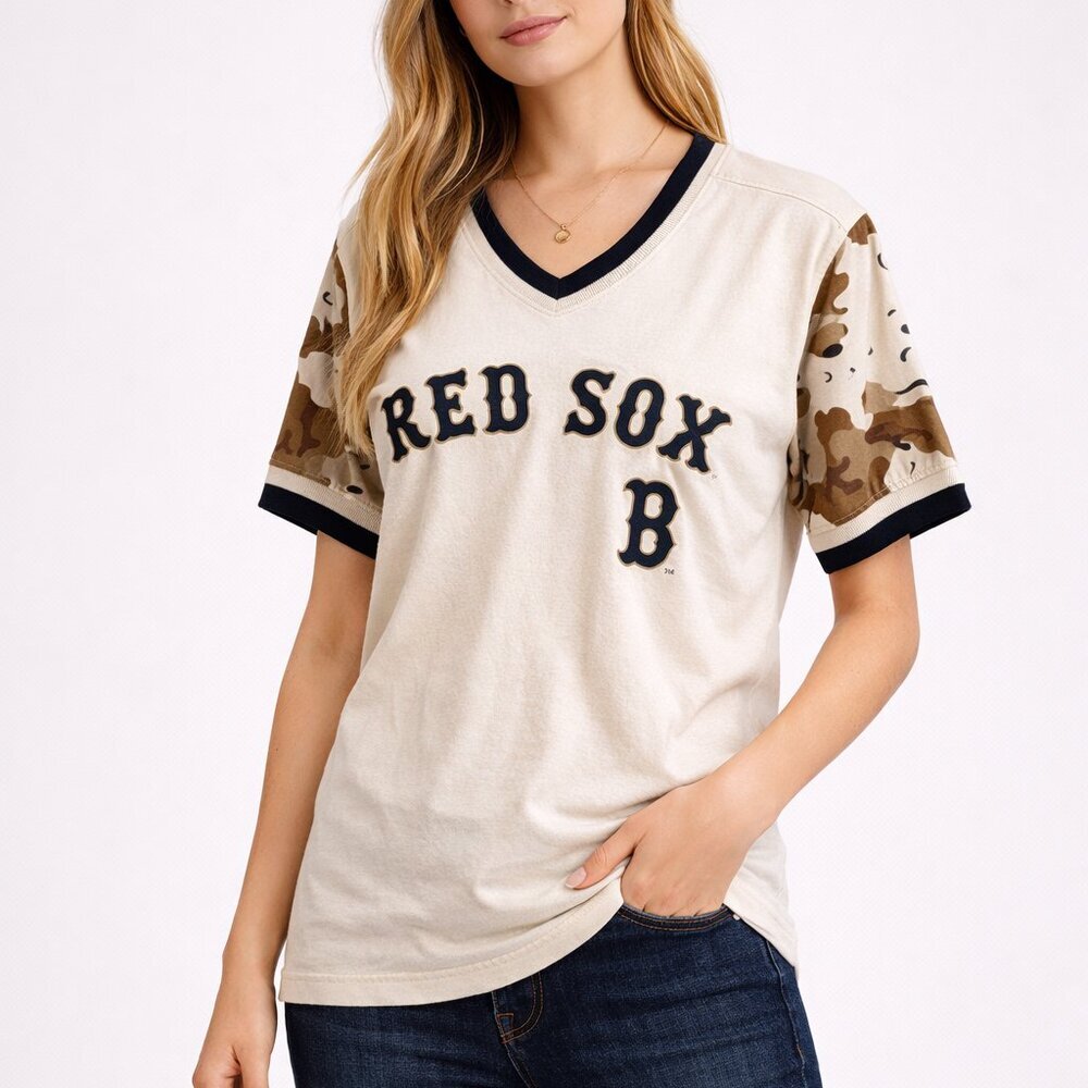 Boston Red Sox Cream Camo V-Neck Tee Shirt Small Genuine Merchandise